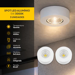 Kit Spots Led 3/5/10 Alumínio Beiral teto 5w 8cm 3000K/4000K/6500K Bivolt Redondo Branco/Preto Alut