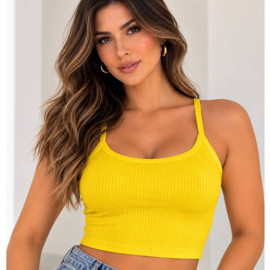 Top Feminino Cropped Canelado Poliéster Alça Fina Blusinha Básica Ajustada Confortável Moderna Casual Verão
