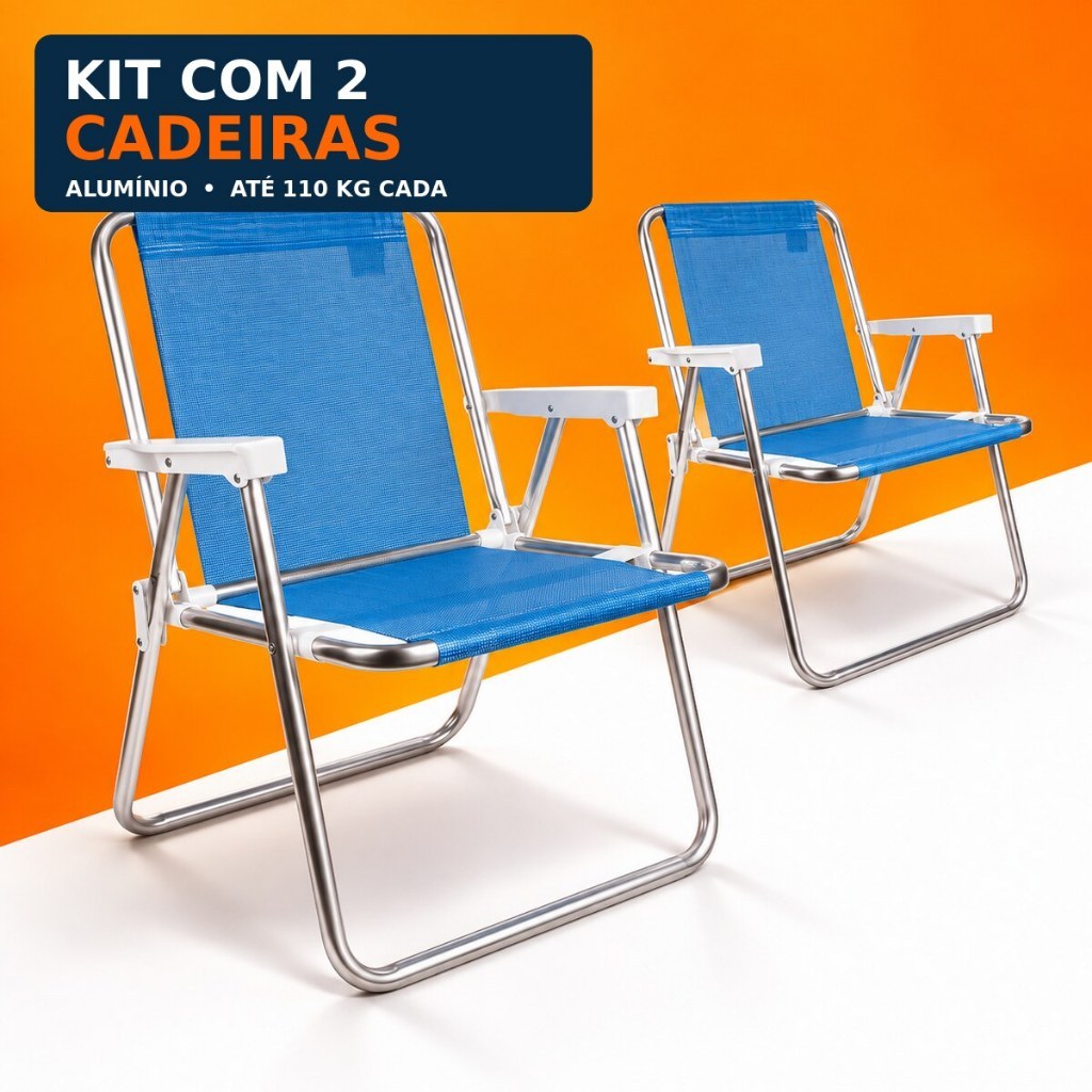 Kit 2 Cadeiras de Praia Alta Alumínio Azul Sannet Leves Dobráveis e Resistentes