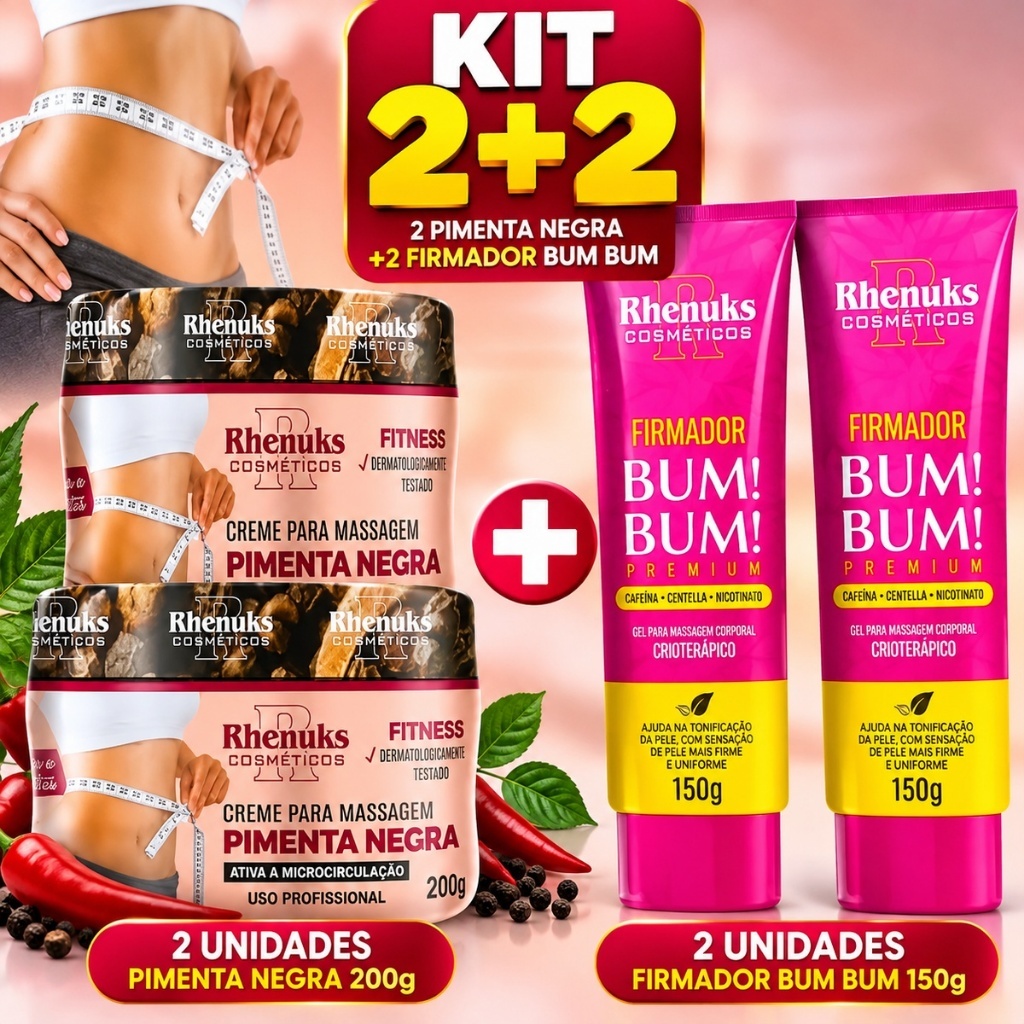 GEL BUMBUM PERFEITO – Kit 2 Gel Redutor de MedidasPimenta Negra + 2 Firmador Bumbum Premium – Rhenuks