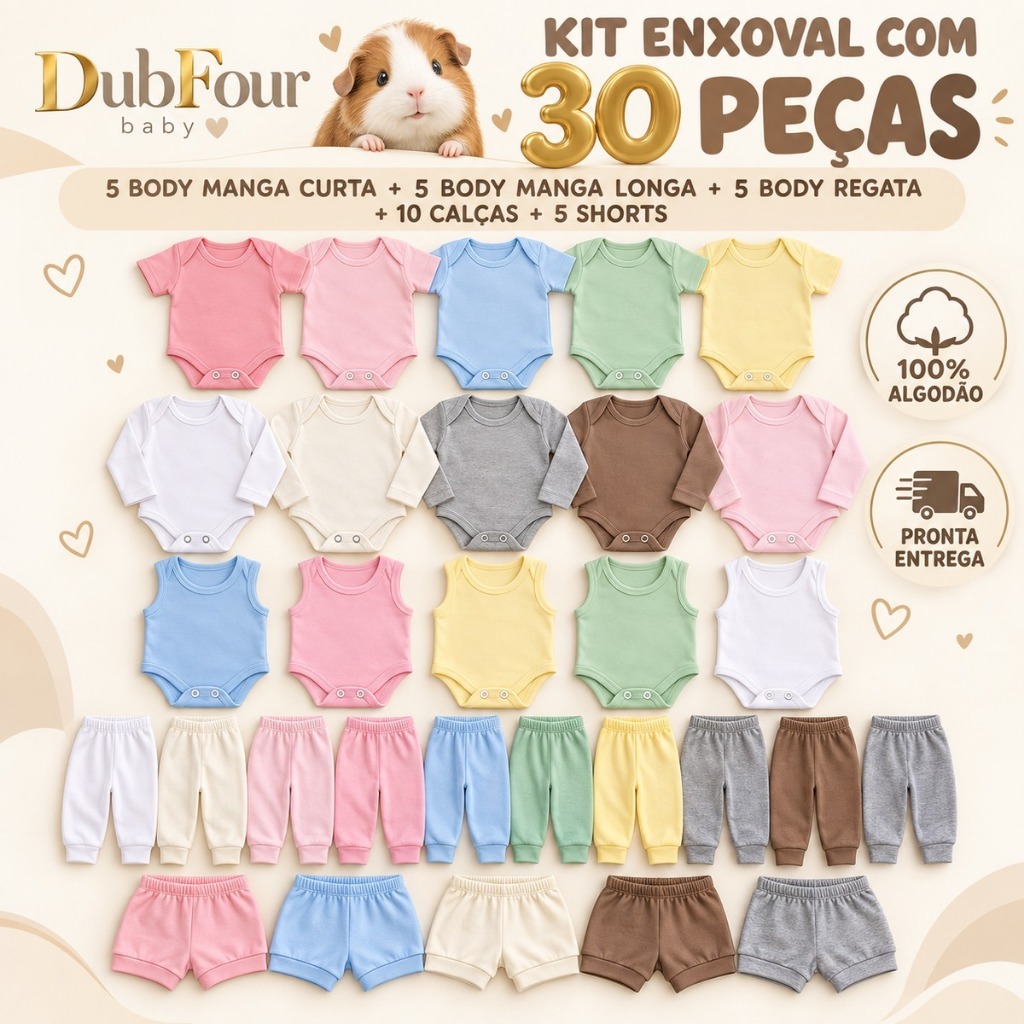 Kit Enxoval 30 Peças Bebê Infantil Body Manga Longa Curta Regata Calça Mijão Shorts 100% Algodão Menina Menino RN