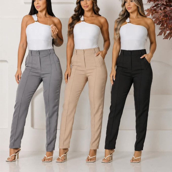 Calça Alfaiataria Social Feminina Cintura Alta ziper Bolsos Moda Luxo Premium
