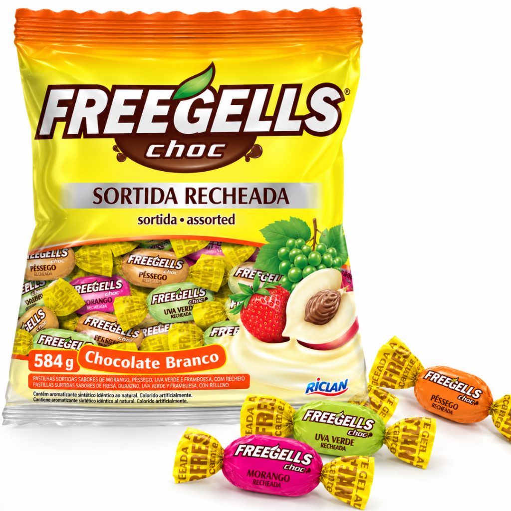 Bala Dura Freegells Sortida Recheada Chocolate Branco 475g Riclan · foto 2