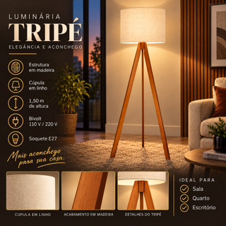 Abajur De Chão Tripé 1,50cm Completo Com Cúpula E Fiação Luminária De Piso