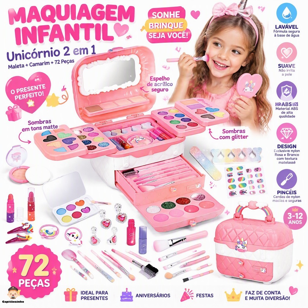 Kit Brinquedo de Maquiagem Infantil 72 Peças Lavável Não Tóxico Portátil Para Meninas Presente Aniversário
