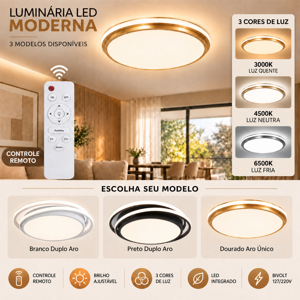 Plafon LED Redondo 50cm 60W Sobrepor Moderno Luminária de Teto Controle Remoto 3 Cores Bivolt