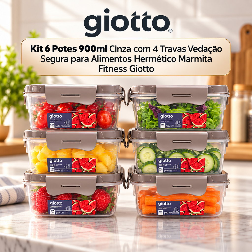 Kit 6 Potes 900ml Cinza com 4 Travas Vedação Segura para Alimentos Hermético Marmita Fitness Giotto