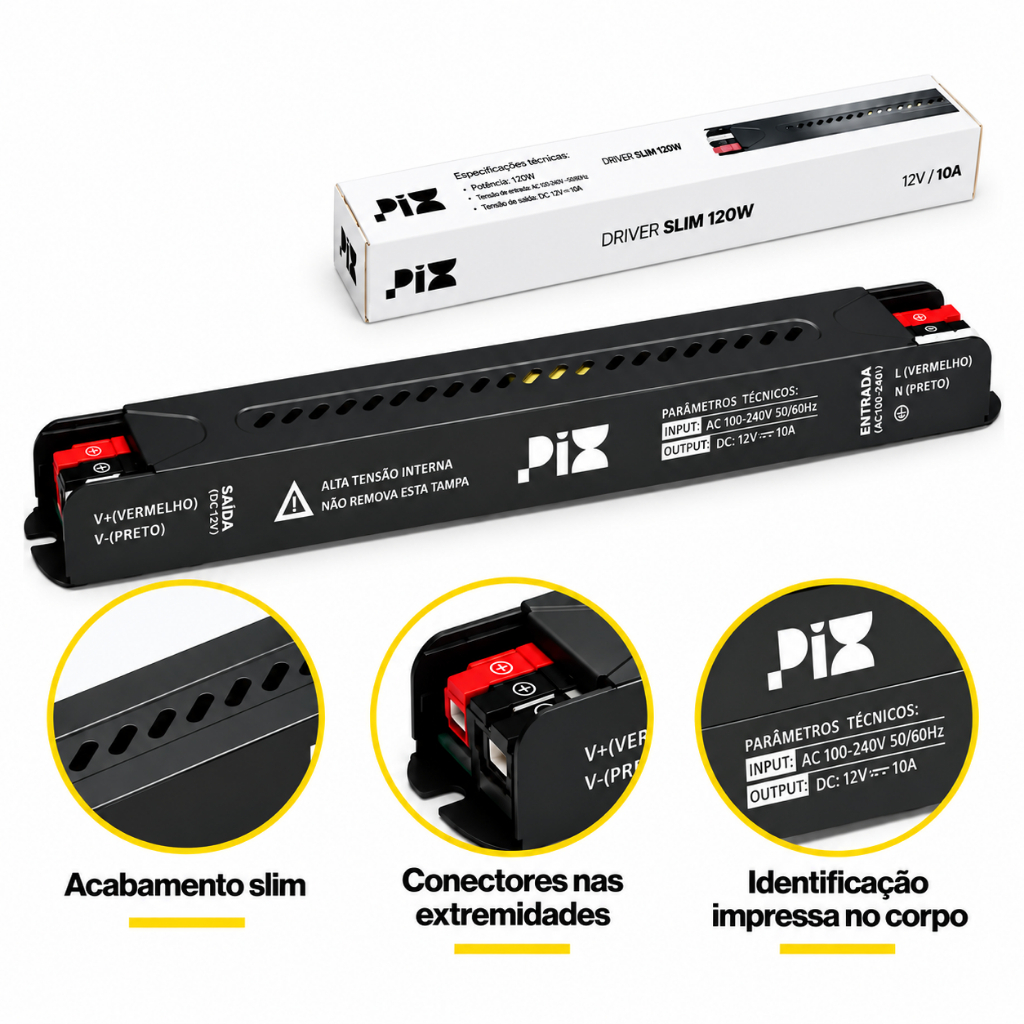 Driver Slim 120w 12v 10a Bivolt Pix Fonte Alumínio Para Fita Potente