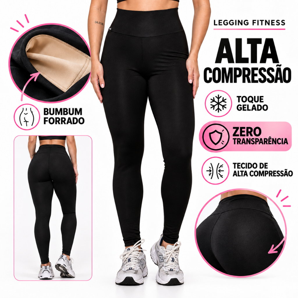 Calça Legging Fitness Academia Feminina Preta Cós Alto Forro Duplo Treino Zero Transparência Grace AQN SPORT