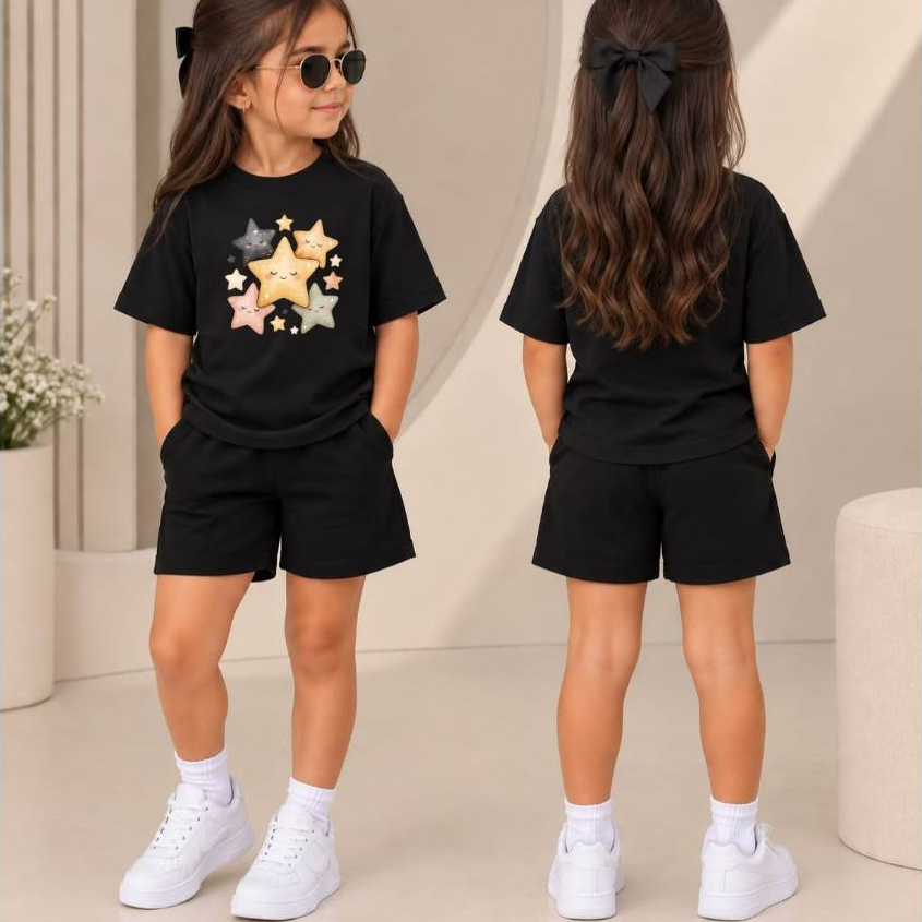 Princesinha Fashion Conjunto Infantil Feminino Camiseta Básica com Estampa de Estrelas + Short de Moletom Menina
