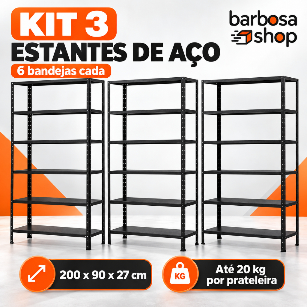 Kit 3 Estantes de Aço 6 Prateleiras 90cm Estoque Loja Almoxarifado Multiuso
