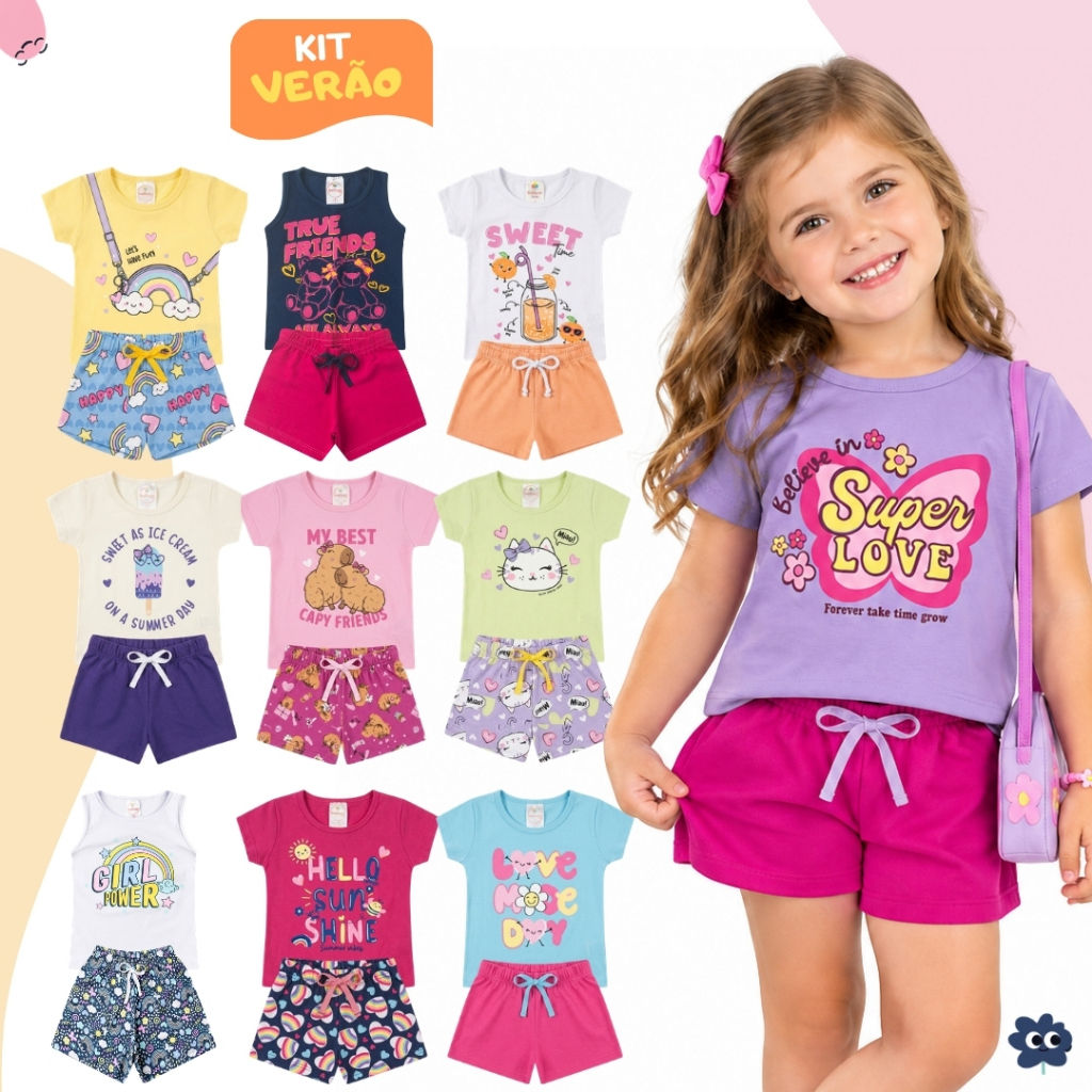 Kit Sortido 8 Peças Roupa Infantil Menina Conjunto Verão Feminino Algodão 4 Camisetas + 4 Shorts Tamanho 1 ao 14