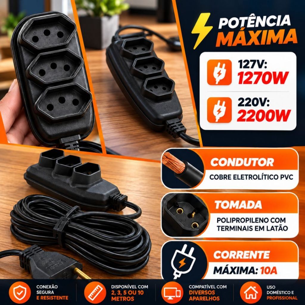 Extensão de Tomada Elétrica 10A 2m 3m 5m 10m Bivolt 110/220V 3 Pinos Preta Branca Reforçada · foto 2