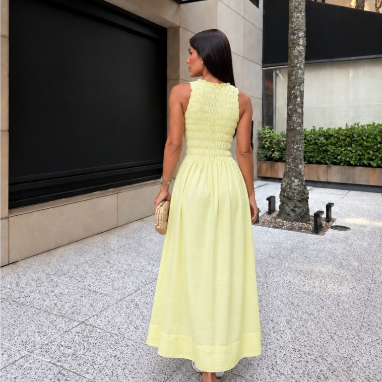 Vestido Feminino Longo Liso De Elastex Com Bolsos — imagem 2 de 2