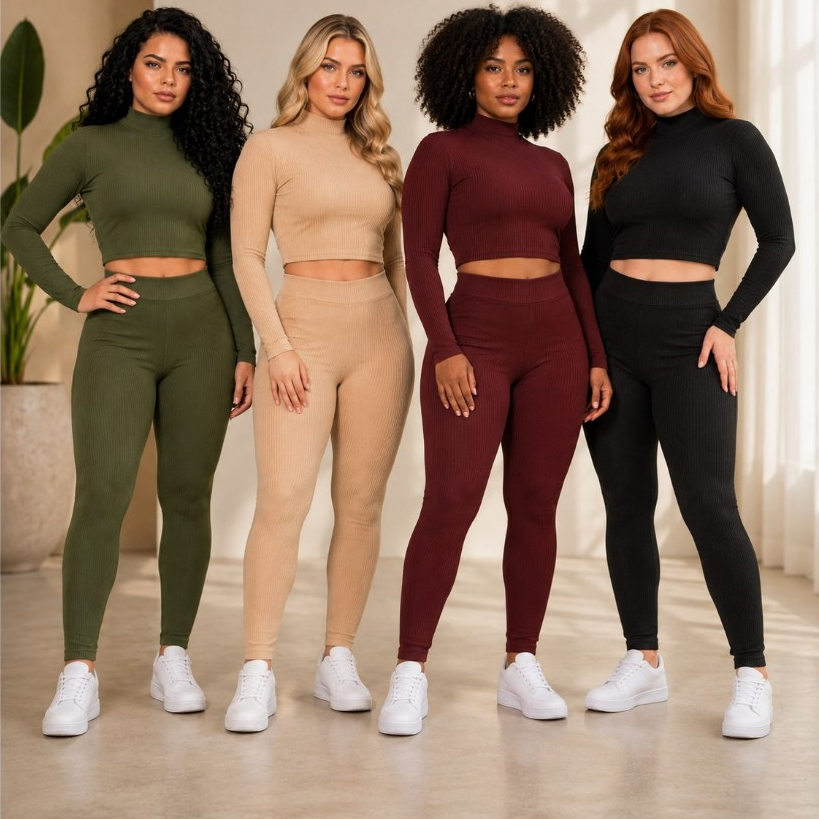 Mary Fashion Conjunto Feminino Calça e Blusa Manga longa/ Canelado 3D/Confortável Blogueira Tendência Inverno