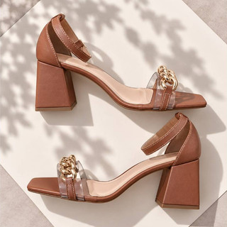 Sandalia Feminina Salto Bloco Corrente Elegante Blogueira Tendencia