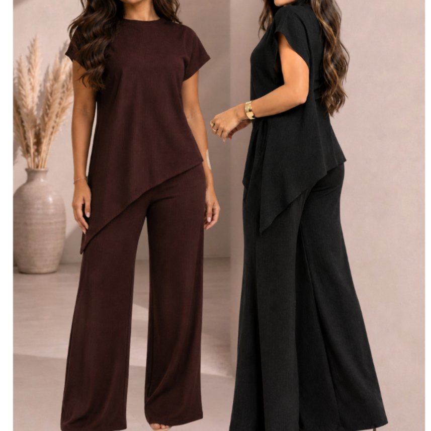 Conjunto Feminino Canelado Pantalona Elegante Assimetrico Confortavel