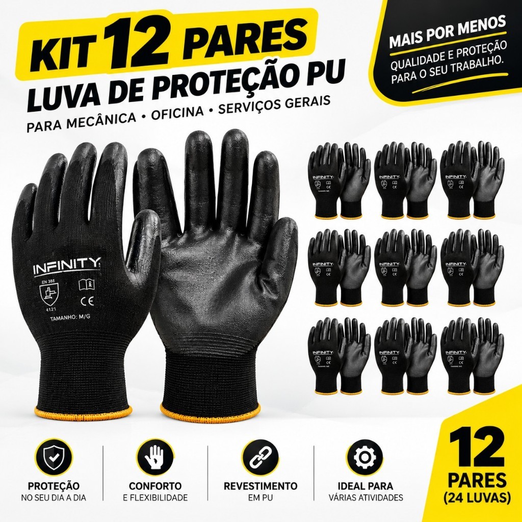 Kit 12 Pares Luva de Proteção PU para Mecânica Oficina EPI Serviços Gerais M G