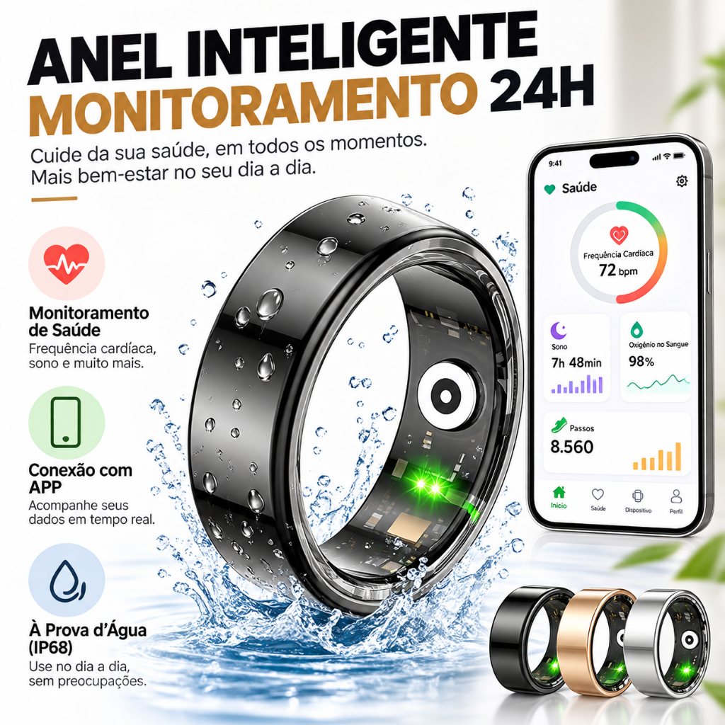 Anel Inteligente Smart Ring Monitoramento de Saúde 24h Frequência Cardíaca Sono SpO2 IP68