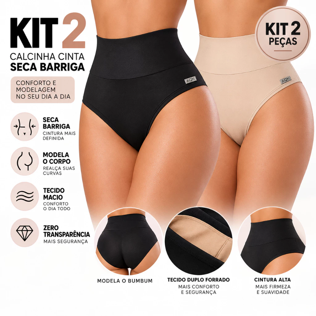 Kit 2 Cinta Seca Barriga Suplex Modeladora Alta Compressão Feminina AQN SPORT