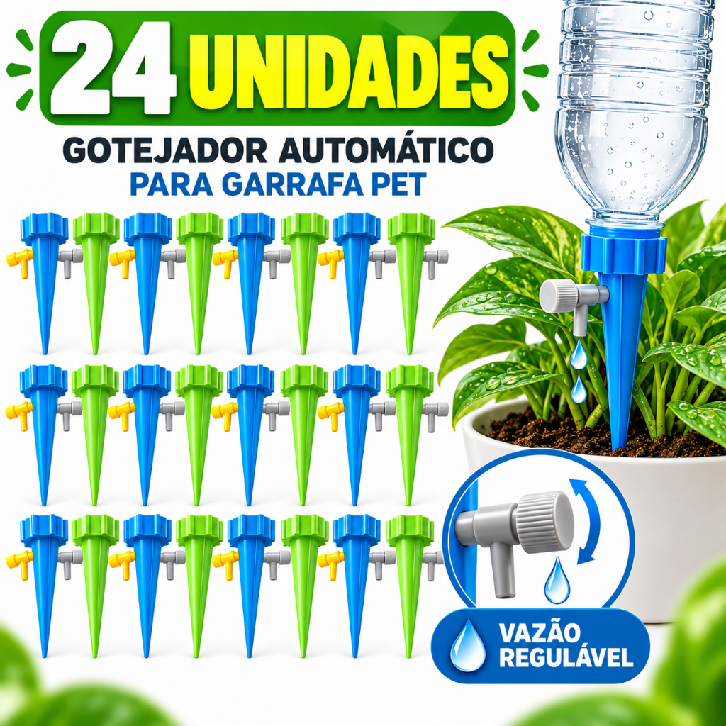 Kit com até 24 Gotejadores para Plantas Irrigador Água Acoplável em Garrafa Pet Regador Automático Jardim Dosador Vaso