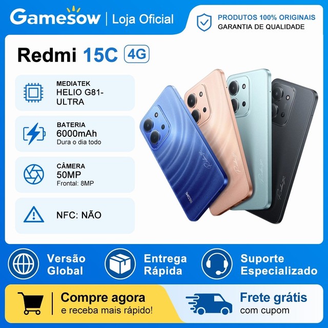 Redmi 15C 4G, Versão Global, Processador, Mediatek Hélio G81-Ultra, Câmera 50MP, Bateria 6000mAh, Proteção IP64