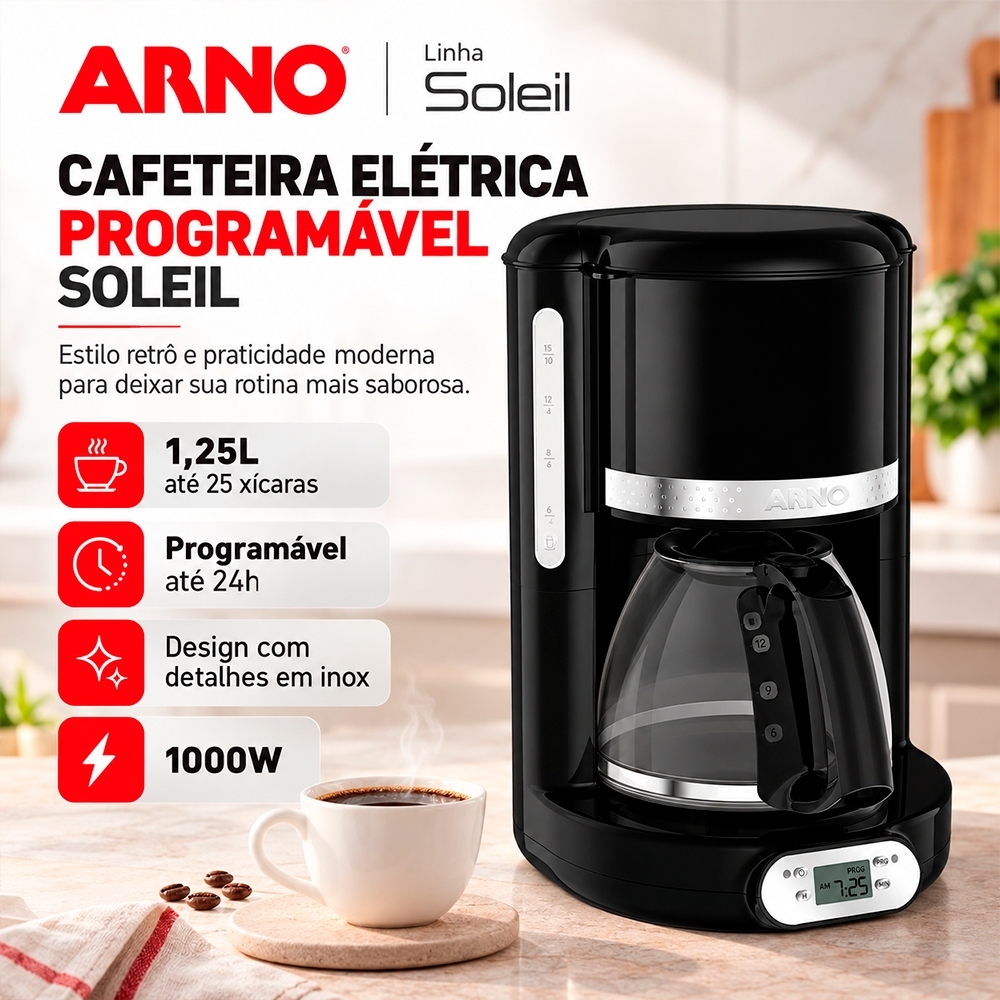 Cafeteira Elétrica Programável Soleil 1,25L 25 Xícaras 1000W - Arno · foto 2