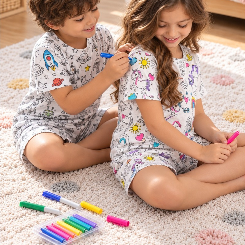 Pijama Infantil Divertido Colorir Pintar Desenho Canetinha Desenho