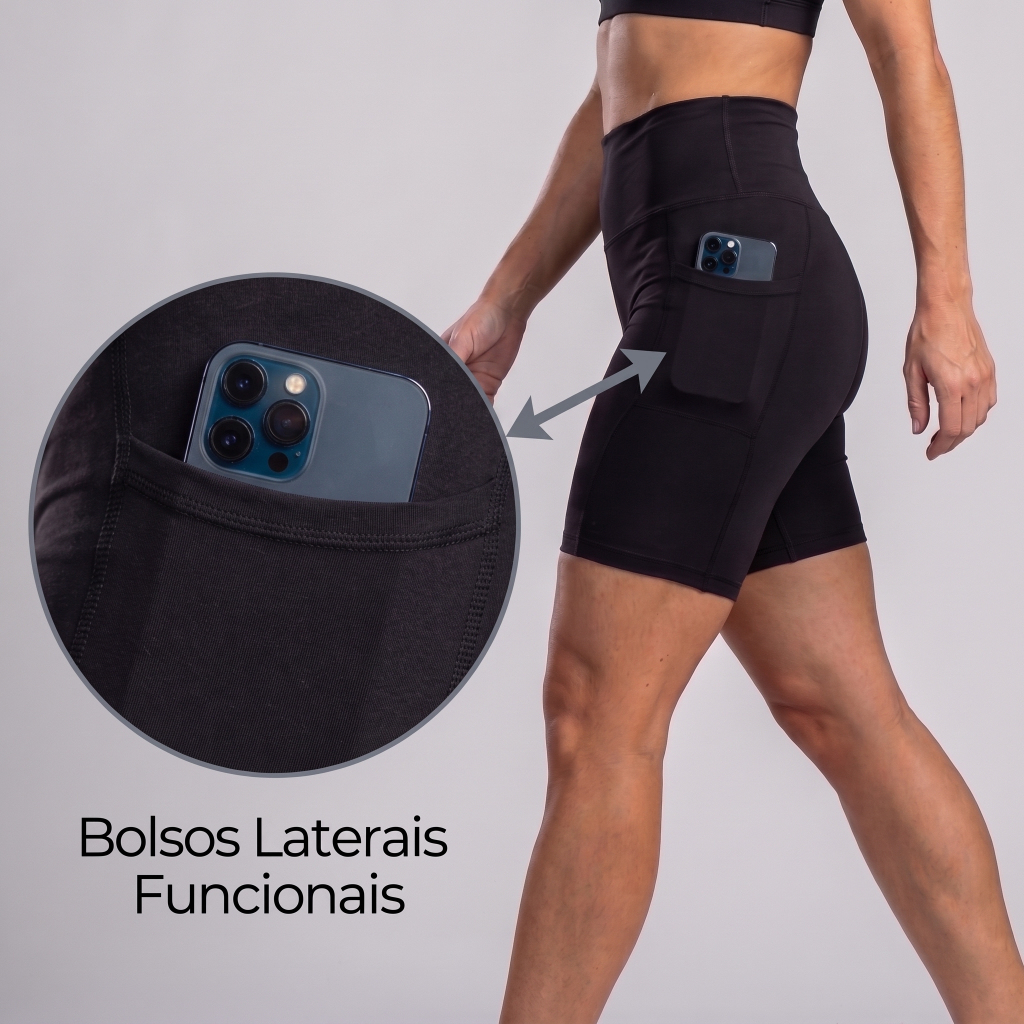 Bermuda Ciclista Feminina Academia Com Bolsos Laterais Zero Transparência