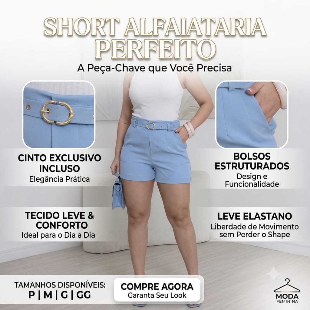 💕 ✨🥰Tendência em Moda Short Feminino Alfaiataria Social com Cinto e Bolso Fivela Dourada Cintura Alta✨🥰💕