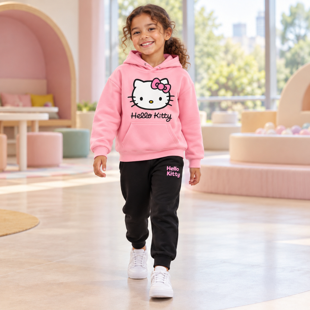 Conjunto Moletom Infantil Gatinha Rosa Menina Blusa Rosa com Capuz Bolso Canguru Calça Preta Agasalho de Inverno