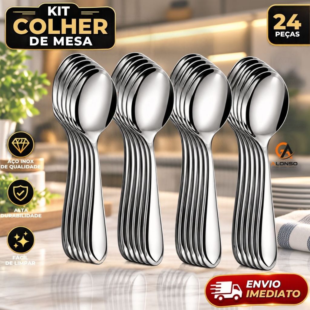 Jogo de Talhares 12/24 Peças Colher de Sopa em Inox Aparelho de Jantar Talheres Colheres p/ Cozinha