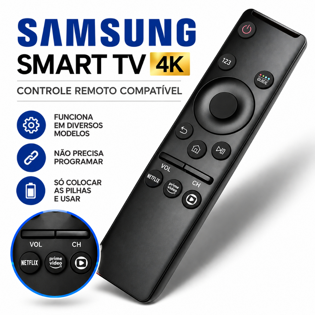Controle Remoto Samsung Smart TV 4K Universal Botão Netflix Prime Video GloboPlay