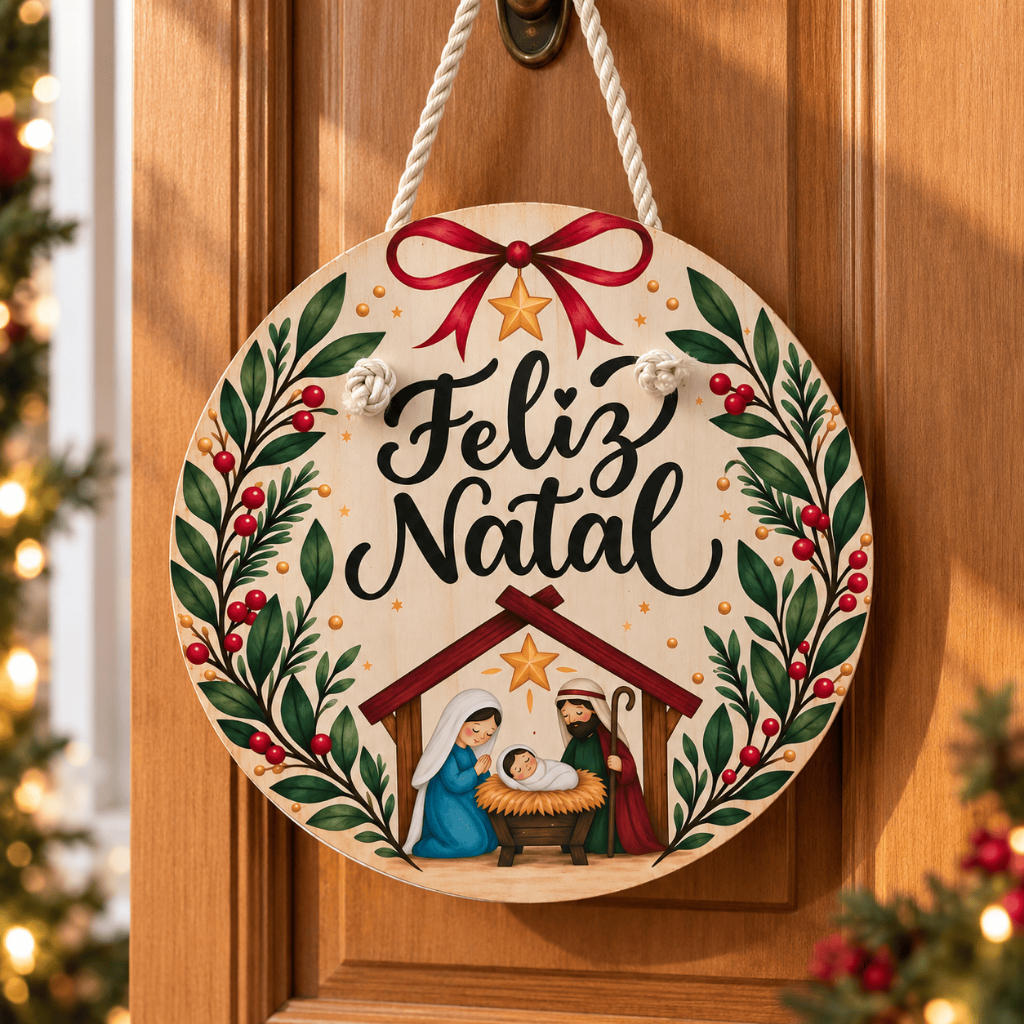 Guirlanda de Natal em MDF para Porta 20x20cm – Enfeite Natalino Feliz Natal com Presépio