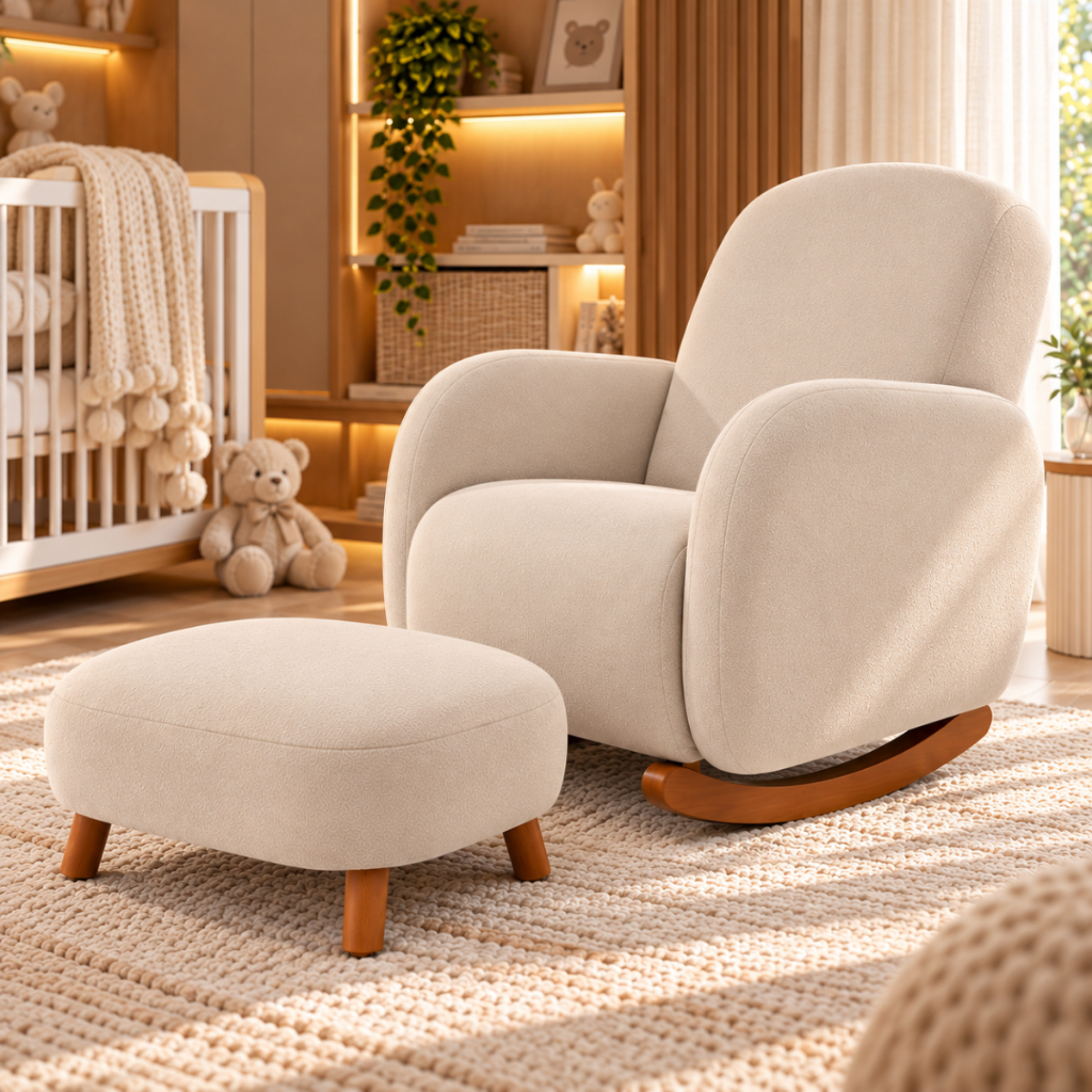 Poltrona Balanço Luxo Orgânica Boucle Bege ou Cinza com Puff para Sala Moderna