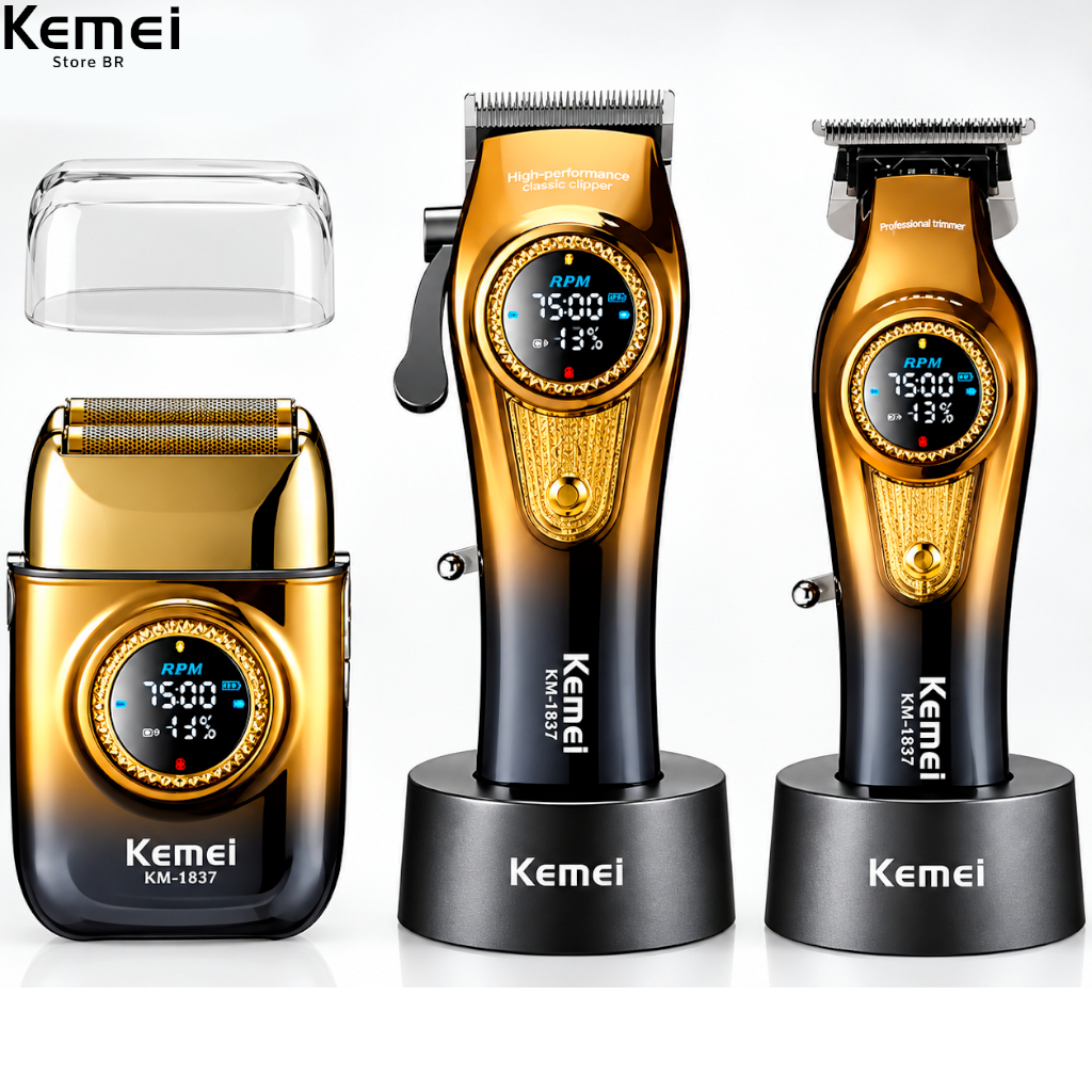 Kit 3 em 1 Máquina Profissional Kemei com base 8557 Sem fio Bivolt Recarregável USB