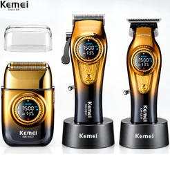 Kit 3 em 1 Máquina Profissional Kemei com base 8557 Sem fio Bivolt Recarregável USB