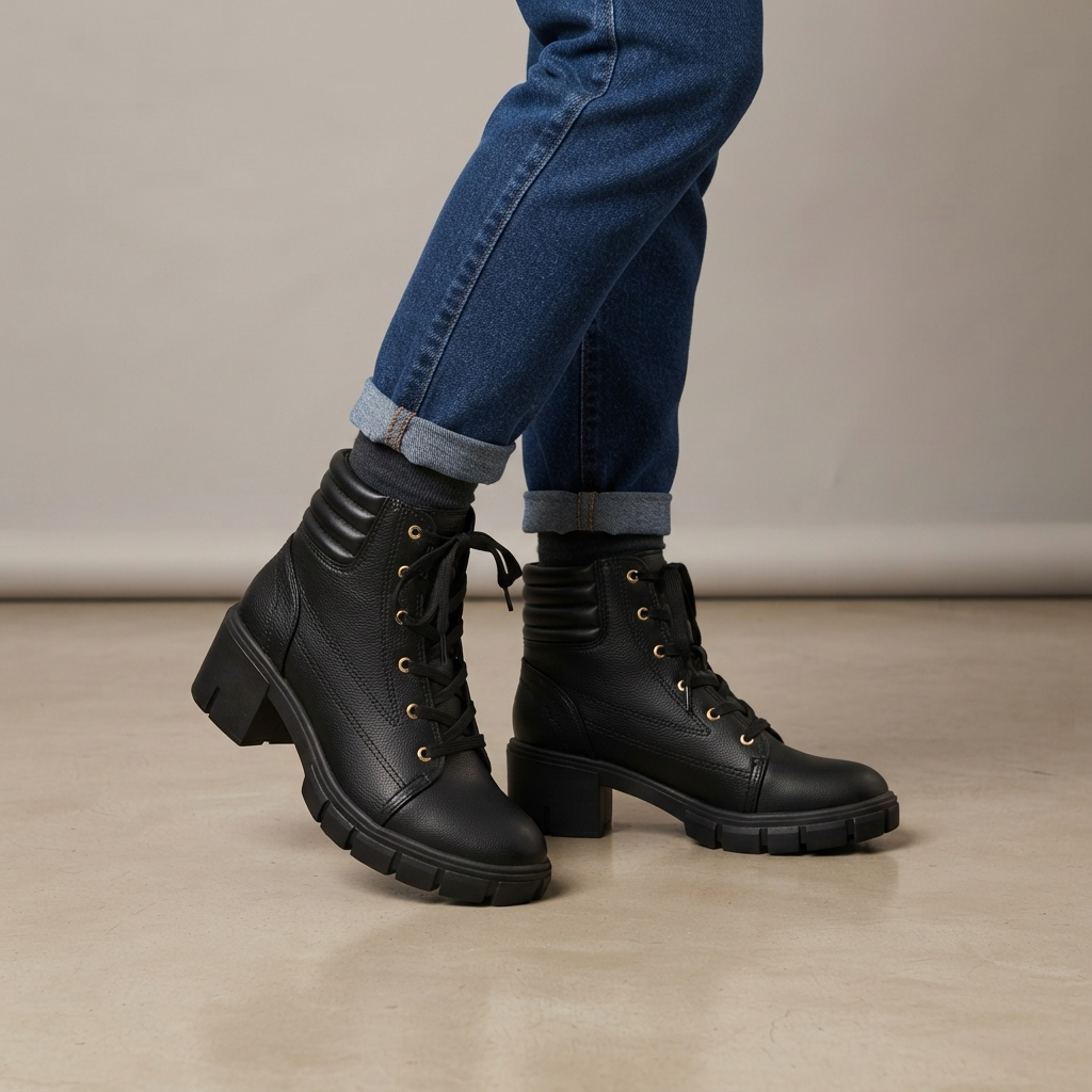 Bota feminina de Coturno moderna Feminino Curvim Preto Cano Curto Salto Bloco Solado Tratorado Casual