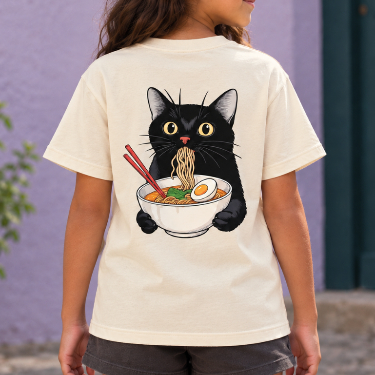 Camiseta Infantil Juvenil Menina Gato Divertido Estampa Frente e Costas 100% Algodão Confortável Blusa Feminina e Casual