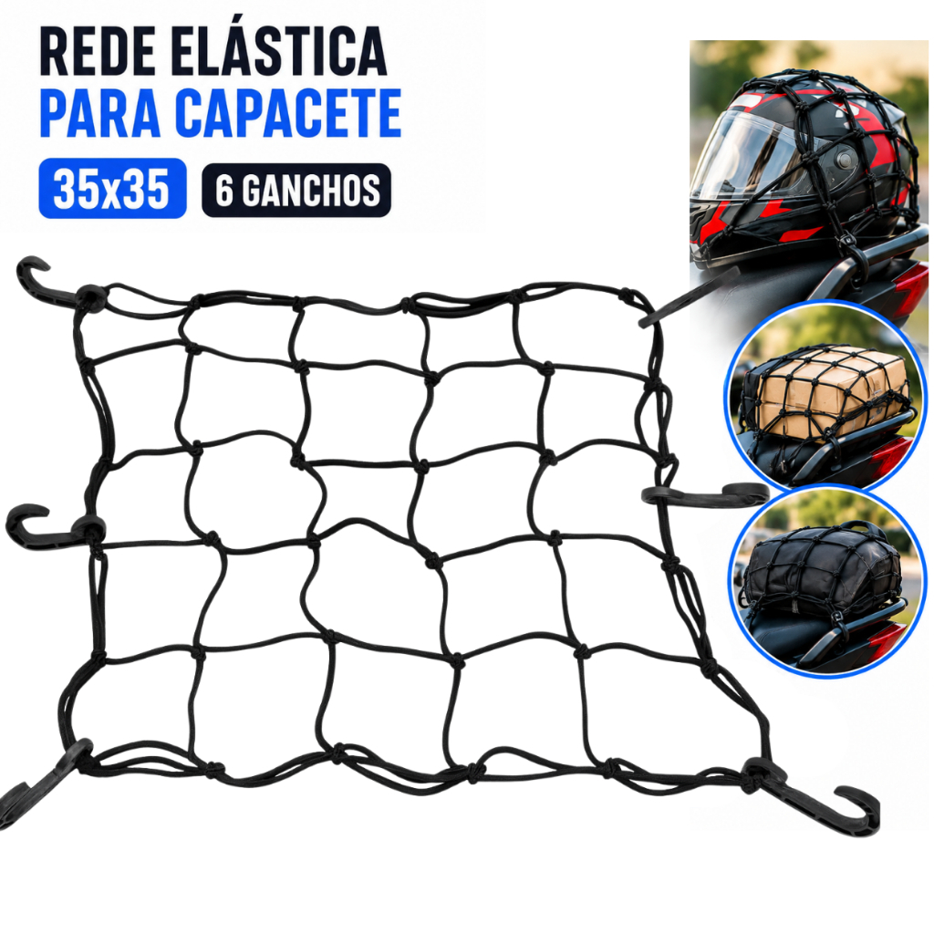 Imagem Rede Elástica Aranha 35x35 P/ Capacete E Bagageiro De Moto e Bike  Redinha Para Transporte Capa de Chuva Mochila e Mala