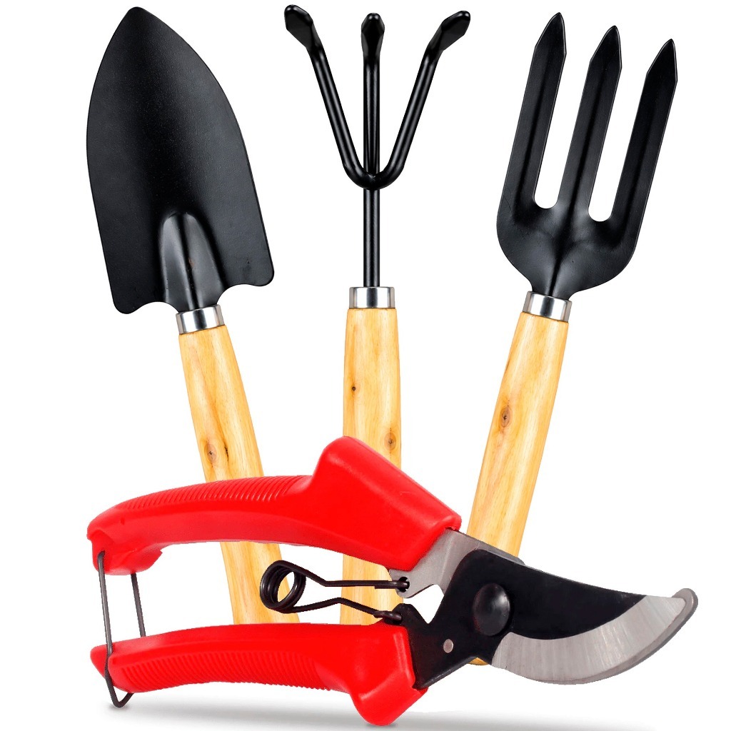 Kit Jardinagem Conjunto 4 Peças 25cm Ferramentas de Jardim Em Aço Cabo Madeira Pazinha Alicate Poda