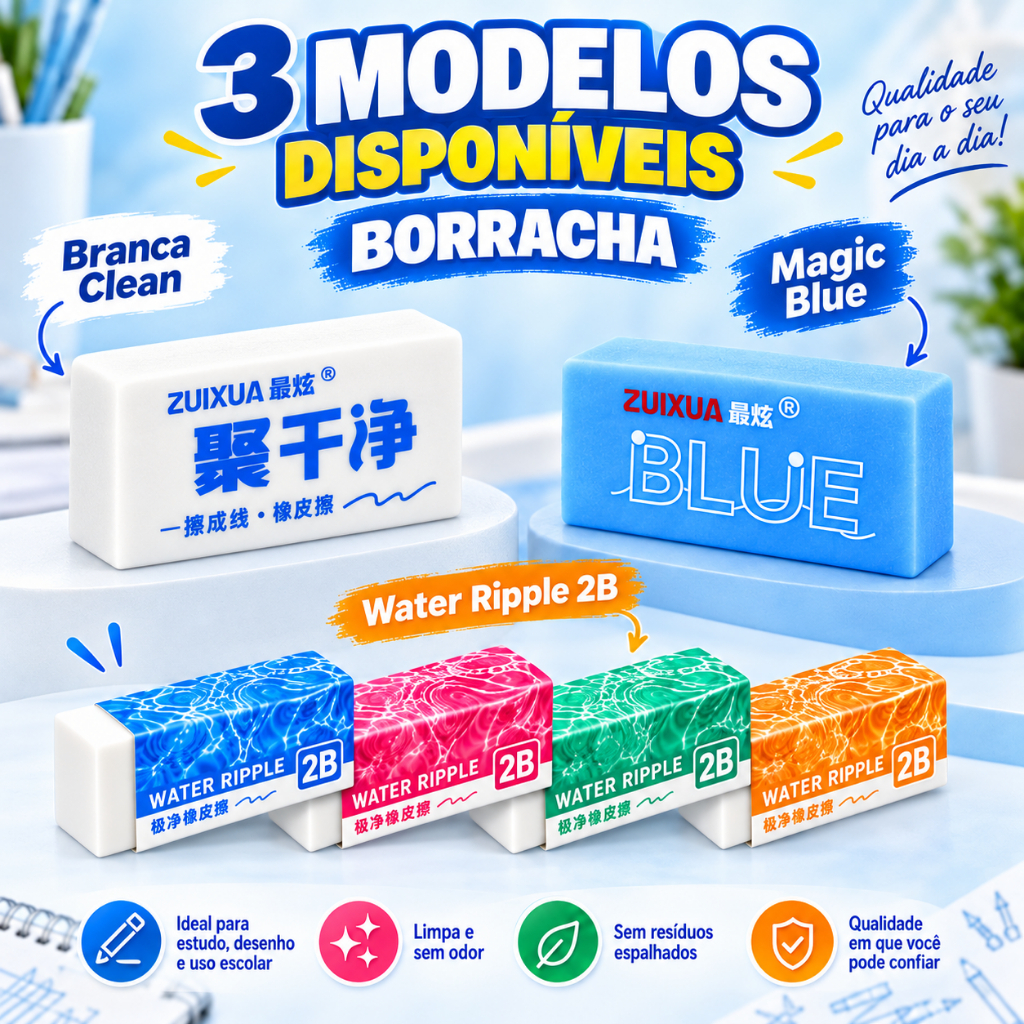 Borracha Escolar Macia 2B Branca e Azul para Lápis Desenho Estudo Material Escolar