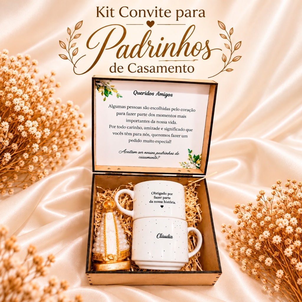 Kit Convite Personalizado Padrinhos Casamento/Batismo com Xícaras 180ml, Caixa MDF e Nossa Senhora