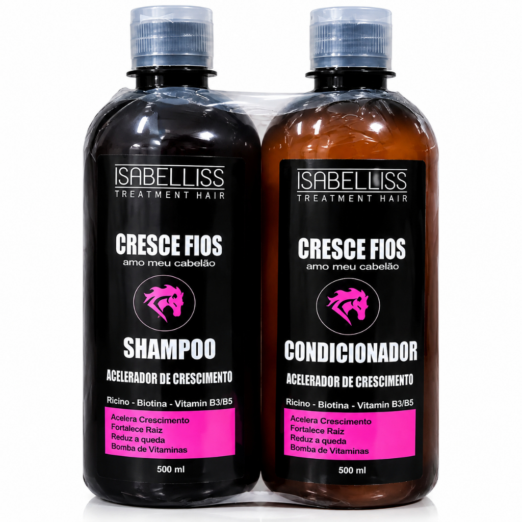 Kit Cresce Fios Shampoo + Condicionador 500ml Rícino Biotina Vitaminas B3 B5 Fortalecimento Capilar