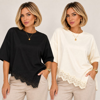 KIT 2 BLUSAS FEMININA OVERSIZED DE RENDA BLUSA ASSIMÉTRICA BLUSA FEMININA ESTILOSA T SHIRT FEMININA ALGODÃO