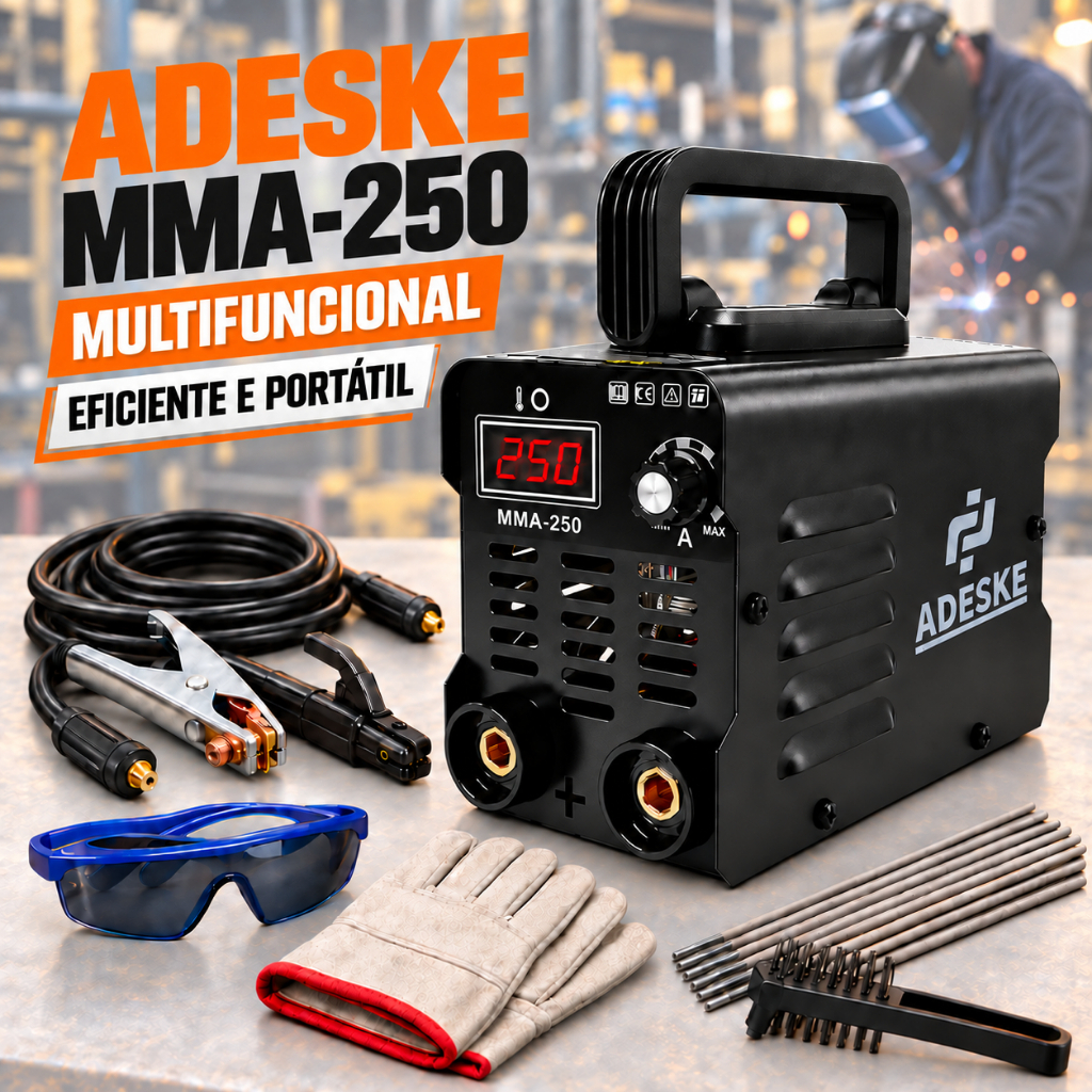 Máquina de Solda Inversora MMA-250 250A Bivolt Portátil com Kit Completo - Aço Carbono, Ferro Fundido, Baixa Liga