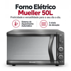 Forno Elétrico Mueller 50L Cinza Espelhado 900W Grill Timer Vidro Duplo e Controle de Temp