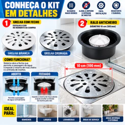 Ralo Anti Cheiro 10cm com Grelha Fecho Anti Odor Insetos Banheiro Kit Completo