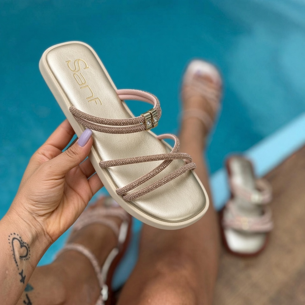 Rasteirinha Papete Sanf Feminina Flatform Confortável Brilho Strass Ajuste Elegante Confortável Dia