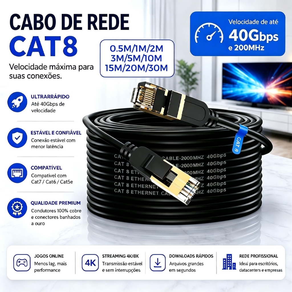 Cabo Ethernet Cat8 50CM,1M,2M,3M,5M,10M,15M,20M,30M 40Gbps 2000MHz SFTP RJ45 Blindado para PC Gamer